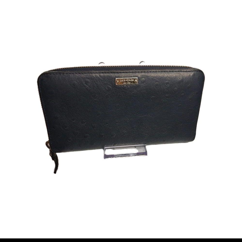 Kate Spade Stacy Ostrich Embossed  Navy Leather Zip-Around Wallet